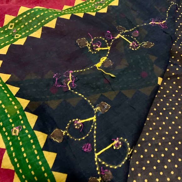 Hand Embroidered Indian Saree Peacock Motif 100% Cotton Multicolor Traditional - Picture 3 of 5